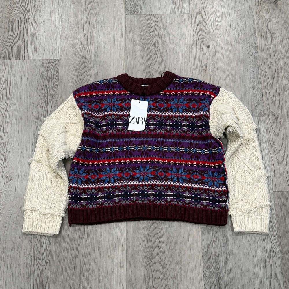 Zara Burgundy and Cream Patterned Sweater